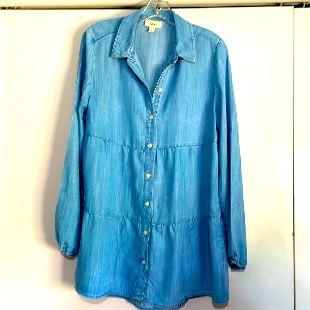 Style & Co. Tiered Button-Up Long Sleeve Chambray Shirt Elastic Cuffs Sz M